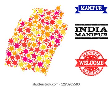 Mosaic map of Manipur State formed with colored flat stars, and grunge textured stamps, isolated on an white background. Vector colored geographic abstraction of map of Manipur State with red, yellow,