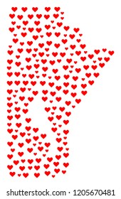 Mosaic map of Manitoba Province created with red love hearts. Vector lovely geographic abstraction of map of Manitoba Province with red romantic symbols. Romantic design for political posters.