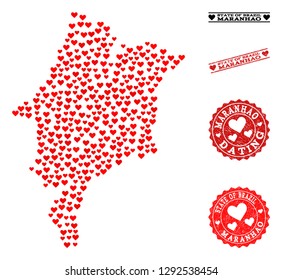 Mosaic map of Maranhao State created with red love hearts, and grunge stamp seals for dating. Vector lovely geographic abstraction of map of Maranhao State with red romantic symbols.