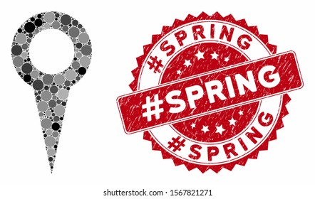 Mosaic map marker and corroded stamp seal with #Spring text. Mosaic vector is formed with map marker icon and with randomized round elements. #Spring stamp seal uses red color, and dirty surface.