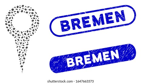 Marcador de mapa mosaico y sellos de sellos corroídos con la frase Bremen. El marcador de mapa de vector mosaico está compuesto por elementos ovales dispersos. Los sellos de sello Bremen tienen color azul y forma rectangular redonda.