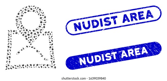 Mosaic map marker and grunge stamp watermarks with Nudist Area phrase. Mosaic vector map marker is composed with scattered elliptic spots. Nudist Area stamp seals use blue color,