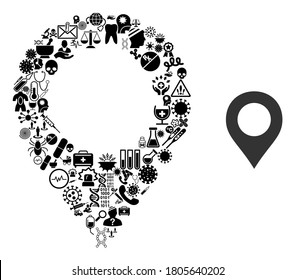 Marcador de mapa mosaico de elementos de estado e icono básico. El marcador del mapa del vector mosaico se forma a partir de artículos de atención médica. Ilustraciones abstractas de los elementos de los carteles médicos.