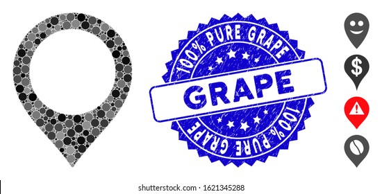 Mosaic map marker icon and grunge stamp seal with 100% Pure Grape phrase. Mosaic vector is composed with map marker icon and with scattered spheric spots. 100% Pure Grape stamp seal uses blue color,