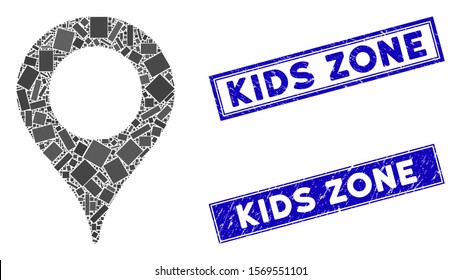 Mosaic map marker icon and rectangular stamps. Flat vector map marker mosaic icon of scattered rotated rectangular elements. Blue caption seal stamps with scratched textures.
