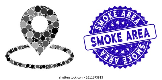 Mosaic map marker location icon and rubber stamp seal with Smoke Area caption. Mosaic vector is created with map marker location icon and with scattered spheric items.