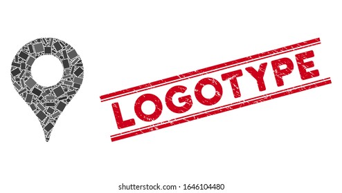 Mosaic map marker pictogram and red Logotype stamp between double parallel lines. Flat vector map marker mosaic icon of scattered rotated rectangular items.