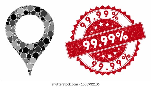 Mosaic map marker and rubber stamp seal with 99.99% text. Mosaic vector is designed with map marker icon and with scattered spheric items. 99.99% seal uses red color, and distress texture.