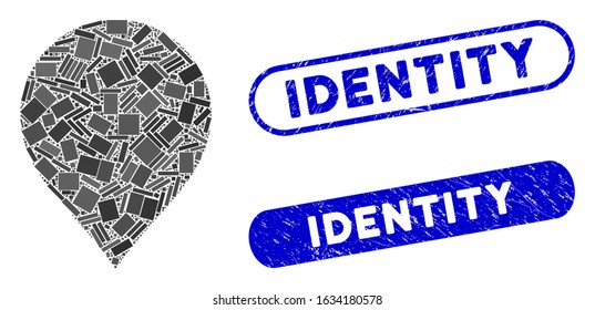 Mosaic map marker and rubber stamp seals with Identity text. Mosaic vector map marker is formed with randomized rectangle items. Identity stamp seals use blue color, and have round rectangle shape.
