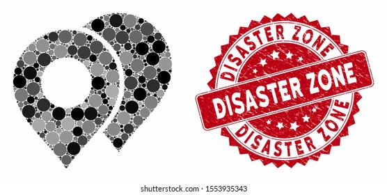 Mosaic map markers and distressed stamp watermark with Disaster Zone caption. Mosaic vector is created with map markers icon and with scattered circle elements.