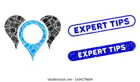 Mosaic map markers and distressed stamp seals with Expert Tips caption. Mosaic vector map markers is composed with scattered rectangle items. Expert Tips seals use blue color,