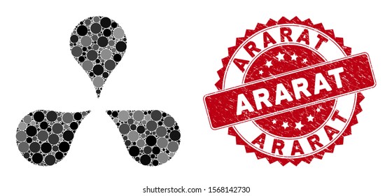 Mosaic map markers and grunge stamp watermark with Ararat phrase. Mosaic vector is composed with map markers icon and with scattered circle items. Ararat stamp seal uses red color,