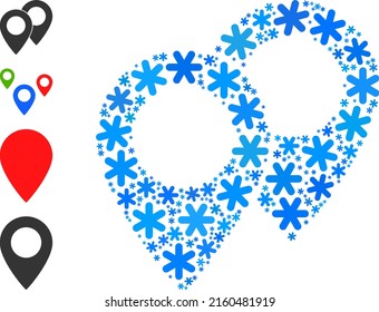 Mosaic map markers icon organized for winter, New Year, Christmas. Map markers icon mosaic is done of light blue snow icons. Some similar icons are added.
