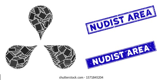 Mosaic map markers icon and rectangular Nudist Area stamps. Flat vector map markers mosaic pictogram of scattered rotated rectangular items. Blue Nudist Area rubber stamps with grunged textures.