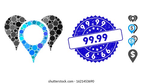 Mosaic map markers icon and rubber stamp seal with 99.99 text. Mosaic vector is composed from map markers pictogram and with scattered spheric items. 99.99 stamp seal uses blue color,