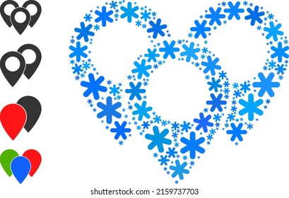 El pictograma de marcadores de mosaico se hace para invierno, Año Nuevo, Navidad. El mosaico de iconos de marcadores de mapa se forma a partir de iconos de nieve azul claro. Se agregan algunos iconos similares.