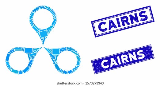 Mosaic map markers pictogram and rectangular Cairns watermarks. Flat vector map markers mosaic pictogram of scattered rotated rectangular items. Blue Cairns stamps with grunge surface.