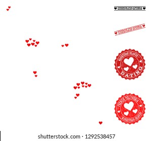 Mosaic map of Marquesas Islands composed with red love hearts, and grunge stamp seals for dating. Vector lovely geographic abstraction of map of Marquesas Islands with red wedding symbols.
