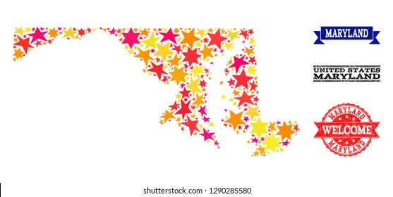 Mosaic map of Maryland State composed with colored flat stars, and grunge textured stamps, isolated on an white background. Vector colored geographic abstraction of map of Maryland State with red,