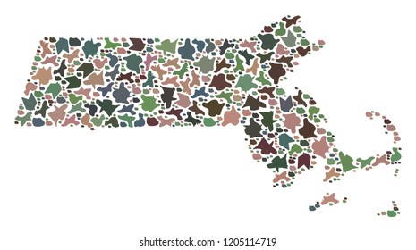 Mosaic map of Massachusetts State formed with colored flat stones. Vector pied geographic abstraction of map of Massachusetts State.