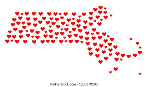 Mosaic map of Massachusetts State formed with red love hearts. Vector lovely geographic abstraction of map of Massachusetts State with red romantic symbols. Romantic design for wedding projects.