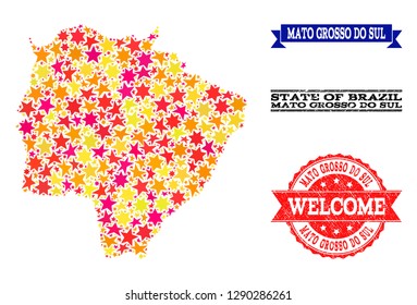 Mosaic map of Mato Grosso do Sul State composed with colored flat stars, and grunge textured stamps, isolated on an white background.