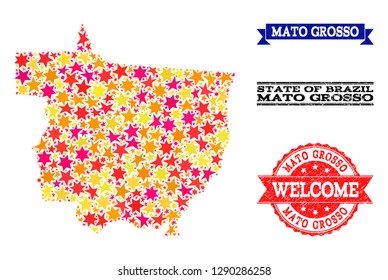 Mosaic map of Mato Grosso State formed with colored flat stars, and grunge textured stamps, isolated on an white background. Vector colored geographic abstraction of map of Mato Grosso State with red,