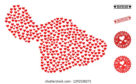 Mosaic map of Maui Island composed with red love hearts, and rubber watermarks for dating. Vector lovely geographic abstraction of map of Maui Island with red romantic symbols.