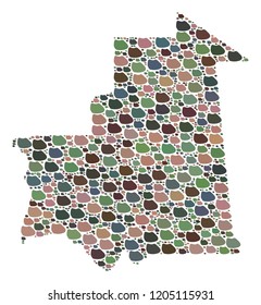 Mosaic map of Mauritania designed with colored flat concretions. Vector pied geographic abstraction of map of Mauritania.