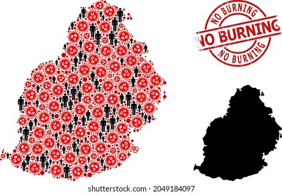 Mapa mosaico de la isla de Mauricio construido con elementos covid-2019 y elementos masculinos. No hay estampilla de grunge. Los símbolos de los hombres negros y los iconos rojos codificados. Ninguna frase quemadora está dentro del sello redondo.