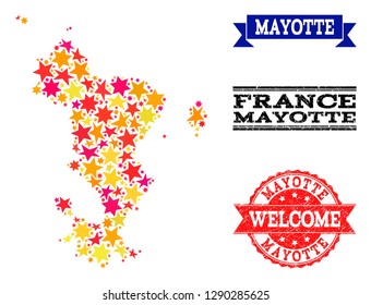 Mosaic map of Mayotte Islands formed with colored flat stars, and grunge textured stamps, isolated on an white background. Vector colored geographic abstraction of map of Mayotte Islands with red,