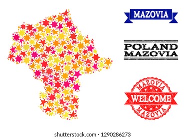 Mosaic map of Mazovia Province created with colored flat stars, and grunge textured stamps, isolated on an white background. Vector colored geographic abstraction of map of Mazovia Province with red,
