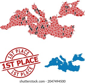 Mosaikkarte des Mittelmeers, bestehend aus Sarkvirus-Elementen und menschlichen Elementen. 1St Place Stresstempel. Schwarze Elemente und rote Särgen-Viruselemente. Die 1St Place-Bildunterschrift ist in Rundstempel.