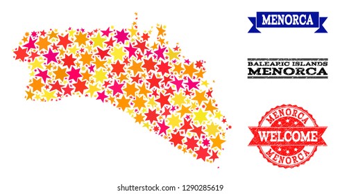 Mosaic map of Menorca Island composed with colored flat stars, and grunge textured stamps, isolated on an white background. Vector colored geographic abstraction of map of Menorca Island with red,