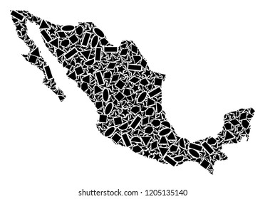 Mosaic map of Mexico formed with black flat geometric figures, such as triangles, stars, rectangles, circles, ellipses, segments, sectors, rhombuses, squares, polygons, semi-circles.