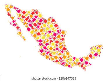 Mosaic map of Mexico formed with colored flat stars. Vector colored geographic abstraction of map of Mexico with red, yellow, orange stars. Festive design for New Year illustrations.