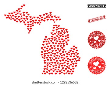 Mosaic map of Michigan State formed with red love hearts, and grunge stamp seals for Valentines day. Vector lovely geographic abstraction of map of Michigan State with red romantic symbols.