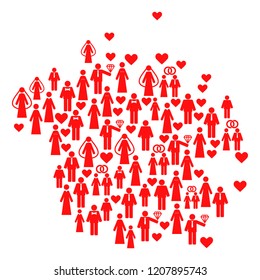 Mosaic map of Micronesia island composed with red lovely wives and husbands. Vector lovely geographic abstraction of map of Micronesia island with red wedding symbols.