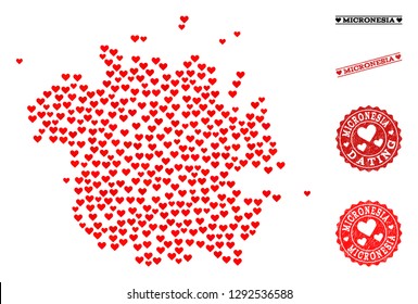 Mosaic map of Micronesia island composed with red love hearts, and rubber stamp seals for dating. Vector lovely geographic abstraction of map of Micronesia island with red dating symbols.