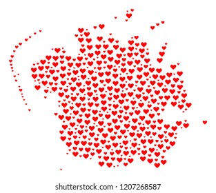 Mosaic map of Micronesia island created with red love hearts. Vector lovely geographic abstraction of map of Micronesia island with red romantic symbols. Romantic design for bonus purposes.