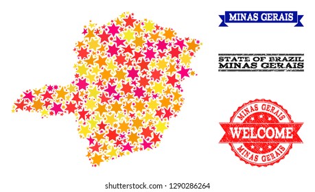 Mosaic map of Minas Gerais State composed with colored flat stars, and grunge textured stamps, isolated on an white background.