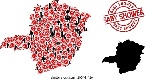 Mosaic map of Minas Gerais State united from sars virus elements and population elements. Baby Shower distress badge. Black man items and red SARS virus elements.