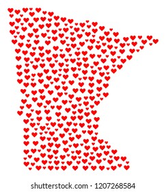Mosaic map of Minnesota State designed with red love hearts. Vector lovely geographic abstraction of map of Minnesota State with red romantic symbols. Romantic design for dating applications.