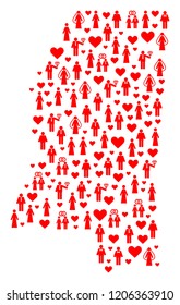 Mosaic map of Mississippi State created with red lovely persons. Vector lovely geographic abstraction of map of Mississippi State with red romantic symbols. Romantic flat design for dating projects.