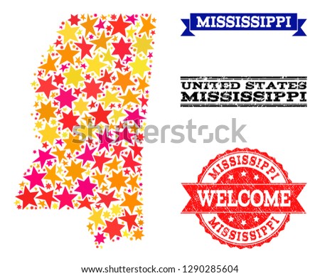 Mosaic map of Mississippi State created with colored flat stars, and grunge textured stamps, isolated on an white background.
