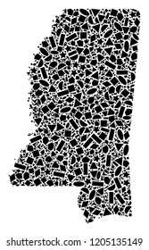 Mosaic map of Mississippi State designed with black flat geometric shapes, such as triangles, stars, rectangles, circles, ellipses, segments, sectors, rhombuses, squares, polygons, semi-circles.