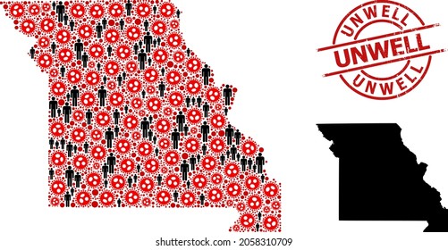 Mosaic map of Missouri State designed from covid infection items and people items. Unwell distress badge. Black person items and red covid infection icons. Unwell phrase inside round seal stamp.