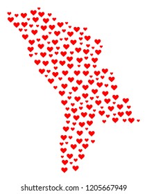 Mosaic map of Moldova created with red love hearts. Vector lovely geographic abstraction of map of Moldova with red romantic symbols. Romantic design for relations applications.