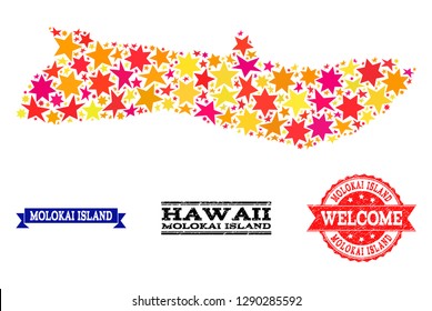 Mosaic map of Molokai Island formed with colored flat stars, and grunge textured stamps, isolated on an white background. Vector bright geographic abstraction of map of Molokai Island with red,