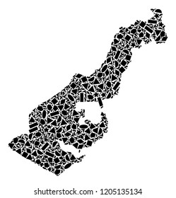 Mosaic map of Monaco composed with black flat geometric shapes, such as triangles, stars, rectangles, circles, ellipses, segments, sectors, rhombuses, squares, polygons, semi-circles.